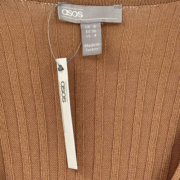 ASOS Design Knit Rib Midi Dress Faux Wrap Long Sleeve Stretchy Women US 4 Tan - Picture 8 of 9